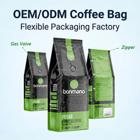 Sac d'emballage souple OEM/ODM pour le stockage des grains de café, sac d'emballage de café à fond plat en BOPP/VMPET/PE avec valve et fermeture éclair