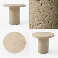 Table basse ronde contemporaine moderne en travertin naturel, bord poli, base cylindrique en pierre, taille personnalisée