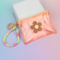 Pochette zippée transparente en PVC personnalisée UIOWIO, style kawaii, avec chaîne de perles colorées pour petits objets