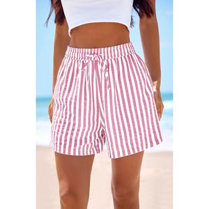 Pantalones cortos de verano con cintura elástica para mujer, pantalones de pijama de algodón a rayas blancas y rosas con bolsillos, ropa para vacaciones en la playa - Product Image 2