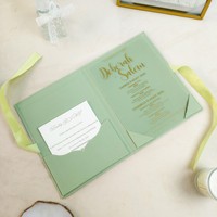 Ensemble de cartes d'invitation de mariage personnalisables en acrylique vert clair, style européen, avec impression dorée, papeterie de cérémonie