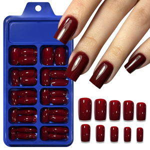 120 <span class=keywords><strong>Uñas</strong></span> Postizas Cuadradas <span class=keywords><strong>Cortas</strong></span> Color Rojo <span class=keywords><strong>Vino</strong></span>, <span class=keywords><strong>Uñas</strong></span> Acrílicas de Cobertura Total Brillante para Uso Diario y Fiestas - Product Image 1