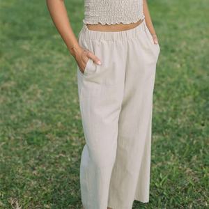 Custom Made Women's <b>Pants</b> Luxury Sand Color Wide Leg <b>Pants</b> Elastic Waist High Quality Linen <b>Pants</b> - Product Image 6