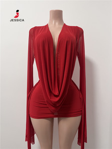 C0222-Nuovo Abito Sexy Mini Bodycon Trendy con Scollo a V Profondo, <span class=keywords><strong>Maniche</strong></span> <span class=keywords><strong>Lunghe</strong></span> in Rete e Schiena Scoperta per Donna, Stile Streetwear - Product Image 3