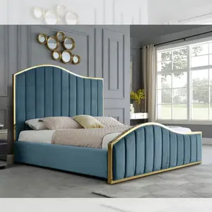 American Cream Velvet Fabric Double Bedroom Furniture Set Upholstered Soft Bed Queen Bed Frame With Headboard