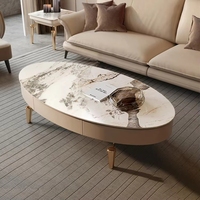 Table basse de salon de luxe en marbre avec piètement en métal doré et LED, rectangulaire, avec 2 tiroirs
