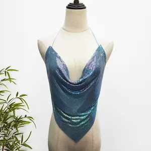 Trendy Blue Gradient Aluminum Chainmail Custom Girls Dance Backless Sexy Crop Top