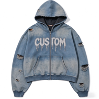 Sweat à capuche zippé pour homme, personnalisé, de qualité supérieure, style vintage streetwear, coupe oversize, effet délavé à l'acide, avec logo en strass