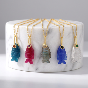 Best selling hand carved gemstone fish pendant <b>with</b> tiny cz accents 18k gold plated animal design jewelry brass chain necklaces - Product Image 1