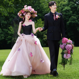 Mori Girl Style Strapless Pink Tulle Wedding Dress Ball Gown Natural Waistline Butterfly Embroidery Photo Shoot Attire - Product Image 1