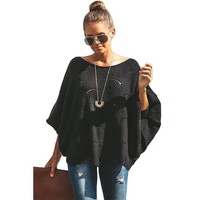 Pull pour femme à manches lanternes, pull ample ajouré pour femme, chemise chauve-souris, automne et hiver