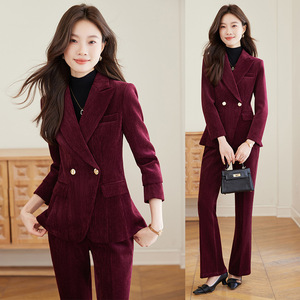 Velvet Suit For Women Autumn Winter Double Breasted <b>Blazer</b> Pants <b>Set</b> Work Commute Outfit Straight Silhouette Comfortable Fit - Product Image 2