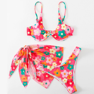 Traje de Baño de Tres Piezas para Mujer, Estilo Europeo y Americano 2022, Sexy, con Flores Pequeñas, para Comercio Exterior Transfronterizo - Product Image 4