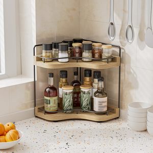 Wooden Double Layer Storage Rack 2 Tier <b>Corner</b> Shelf For Kitchen Spice Organizer Freestanding <b>Cabinet</b> - Product Image 1