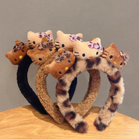 Bandeau en peluche léopard avec oreilles de chat de dessin animé, bandeau en acétate pour femmes, bandeau pour se laver le visage, bandeau pour le maquillage, nœud pour cheveux pour enfants