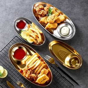 Plateau en acier inoxydable doré coréen, assiette principale d'assaisonnement ovale pour collation et boulettes, plateau à frites <span class=keywords><strong>français</strong></span> en métal pour restaurant 304 - Product Image 1