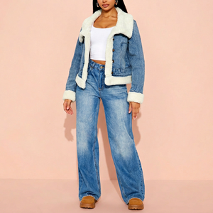 Veste en jean pour femme avec doublure en fausse fourrure blanche, coupe classique délavée, manteau d'hiver décontracté, vestes en jean pour femmes fabriquées au Pakistan - Product Image 1