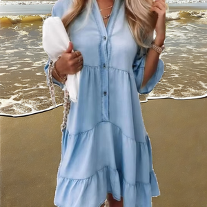 Robe décontractée en denim mi-longue à manches courtes boutonnée, couleur unie, coton lavé respirant, style été 2025 - Product Image 2