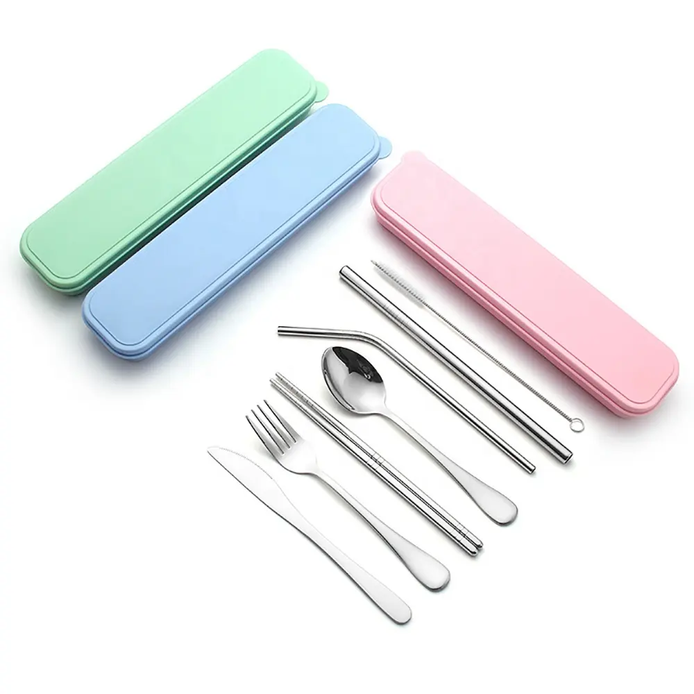 थोक पोर्टेबल पुआल चीनी काँटा चम्मच कांटा चाकू बर्तन धातु Flatware आउटडोर यात्रा स्टेनलेस स्टील उपहार कटलरी सेट