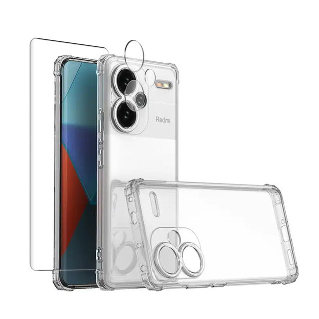 3 in 1 Set Clear Soft Touch 3D Curved 9H Ultra-Thin Shockproof Phone Case Screen Protector for Redmi Note 13 14 15 Pro Plus