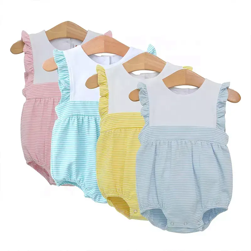 wholesale summer baby girls' rompers flutter sleeve infant stripe 95% knit cotton girls ruffle bubble romper 2023