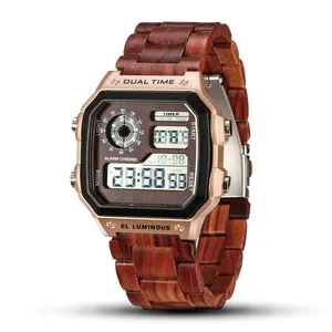 SOPEWOD Multi-function Men's Zebra Red Black Sandalwood Wood Band Sport Dual Time Display Digital Watch