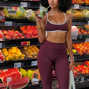 Ensemble de <span class=keywords><strong>yoga</strong></span> deux pièces côtelé doux pour femme : soutien-gorge de <span class=keywords><strong>yoga</strong></span> à biais contrastant et pantalon évasé taille haute, tenue de sport ajustée - Product Image 2