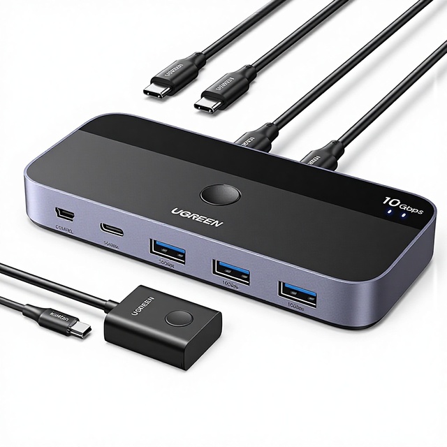 UGREEN USB-C Switch 2-Computer Share 4 USB 3.2 Ports 10Gbps for PC/Laptop Keyboard/Mouse Sharing with 2 USB-C Data Cables Remote