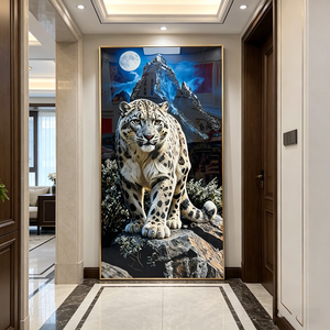 Luxury Snow Leopard Wall Art Full Moon Mountain Scene Wild Animal Wall Crystal Porcelain Painting LED Living Room Home Decor - Product Image 3