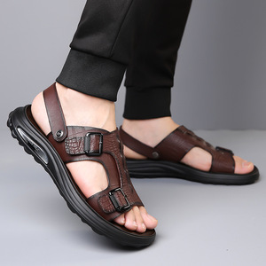 Sandales pour hommes à bride en T, en cuir véritable, à bout ouvert, semelle extérieure en caoutchouc antidérapante, chaussures décontractées d'été - Product Image 4