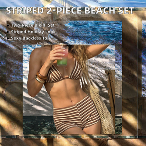 Women Striped <b>Bikini</b> Shorts <b>Set</b> Halter Triangle Beachwear 2 Piece Swim Outfit - Product Image 2