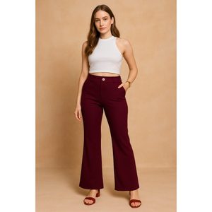 Pantalones de Mujer Elegantes, Acampanados, Color Vino, Cintura Alta, Tela Suave, Corte Holgado, Largos, Modernos, para Uso Diario, Oficina, Elásticos - Product Image 5
