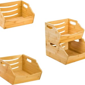 <b>Bamboo</b> Storage <b>Basket</b> Double Layer Stackable Rectangle Kitchen Vegetable Fruit Organizer Neatening Storage Box - Product Image 5