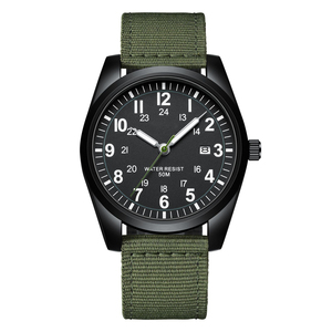 Orologio da uomo in stile militare, cinturino in nylon, resistente all'acqua fino a 50 m, con datario, quadrante nero, orologio casual da esterno, orologio al quarzo - Product Image 2