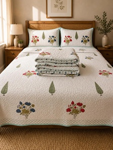 100% Hand Block Printed Cotton Quilt <b>Set</b> Floral Quilted Bedcover with Pillow Covers Lightweight King Boho <b>Comforter</b> - Product Image 6
