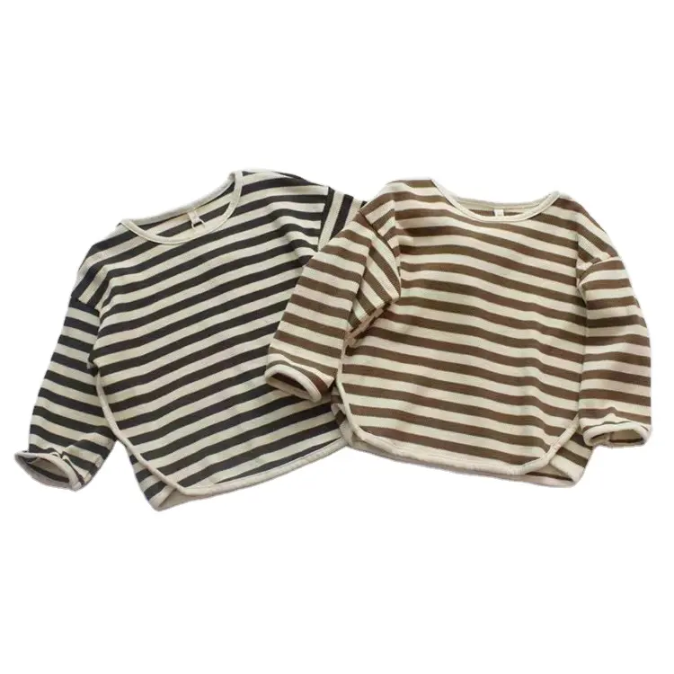 FMFS INS Striped T-shirts Waffle Cotton Spring Boutique Long Sleeve Kids Girls Tees Striped T-shirts Kids Boys Tops