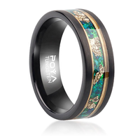 Bague en tungstène noir 8 mm avec émeraude verte, incrustation de feuille d'or malachite, ligne dorée plate, alliance pour homme