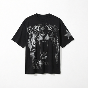 Short formel ample pour homme, 230g, en tissu mélangé, style Hip Hop Vintage foncé, avec détails Lion King Star Hot Drill, anti-boulochage - Product Image 1