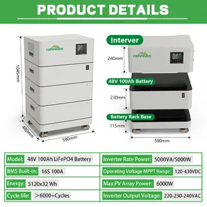 6000 Cycles 2 IN 1 Solar Inverter Battery 5Kw 10Kw 15Kw Home Energy Storage 51.2V Stacked Rack LiFePO4 48V 300Ah LiFePO4 Battery