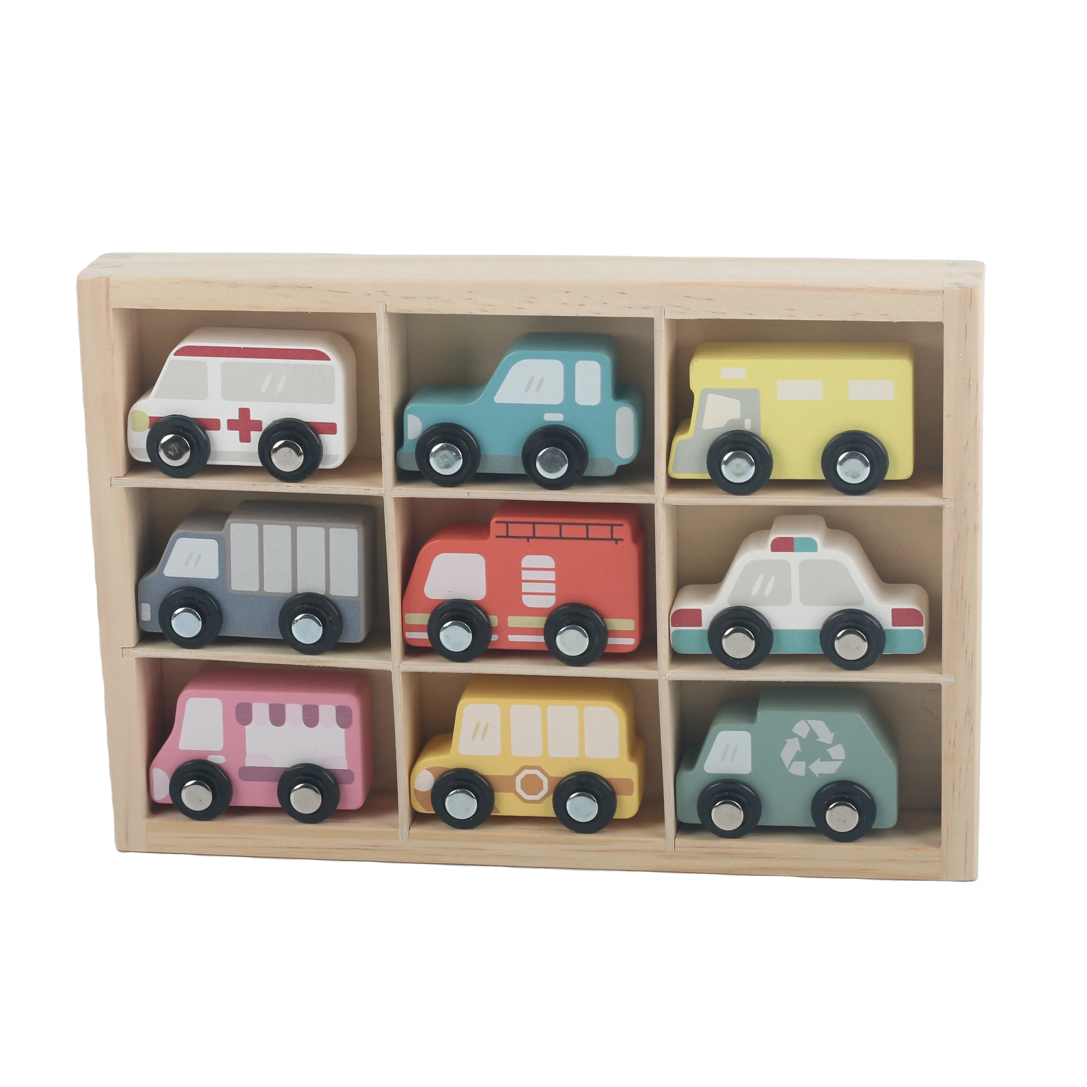 New Arrival Baby Toys Simulation Kids Vehicle Toy 9 PCS Set Wooden Mini Cars Model Toy