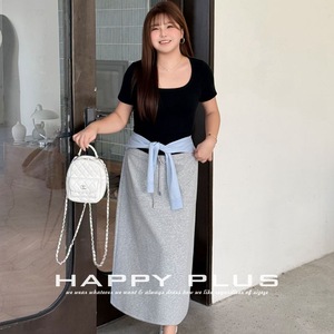 Jupe midi trapèze taille haute Happy Plus grise avec cordon de serrage en coton, grande taille, tenue décontractée pour femme N9492 - Product Image 5