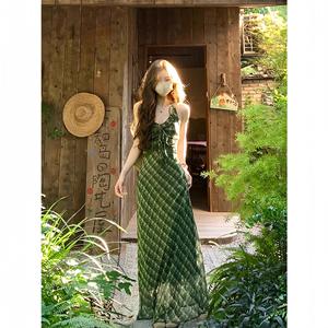 Vestido de Verano Largo Estilo Francés con Estampado Floral, Cuello Halter, Silueta Lápiz de Gasa, Cintura Natural, Transpirable, con Lazo Cruzado, para Ocio - Product Image 1