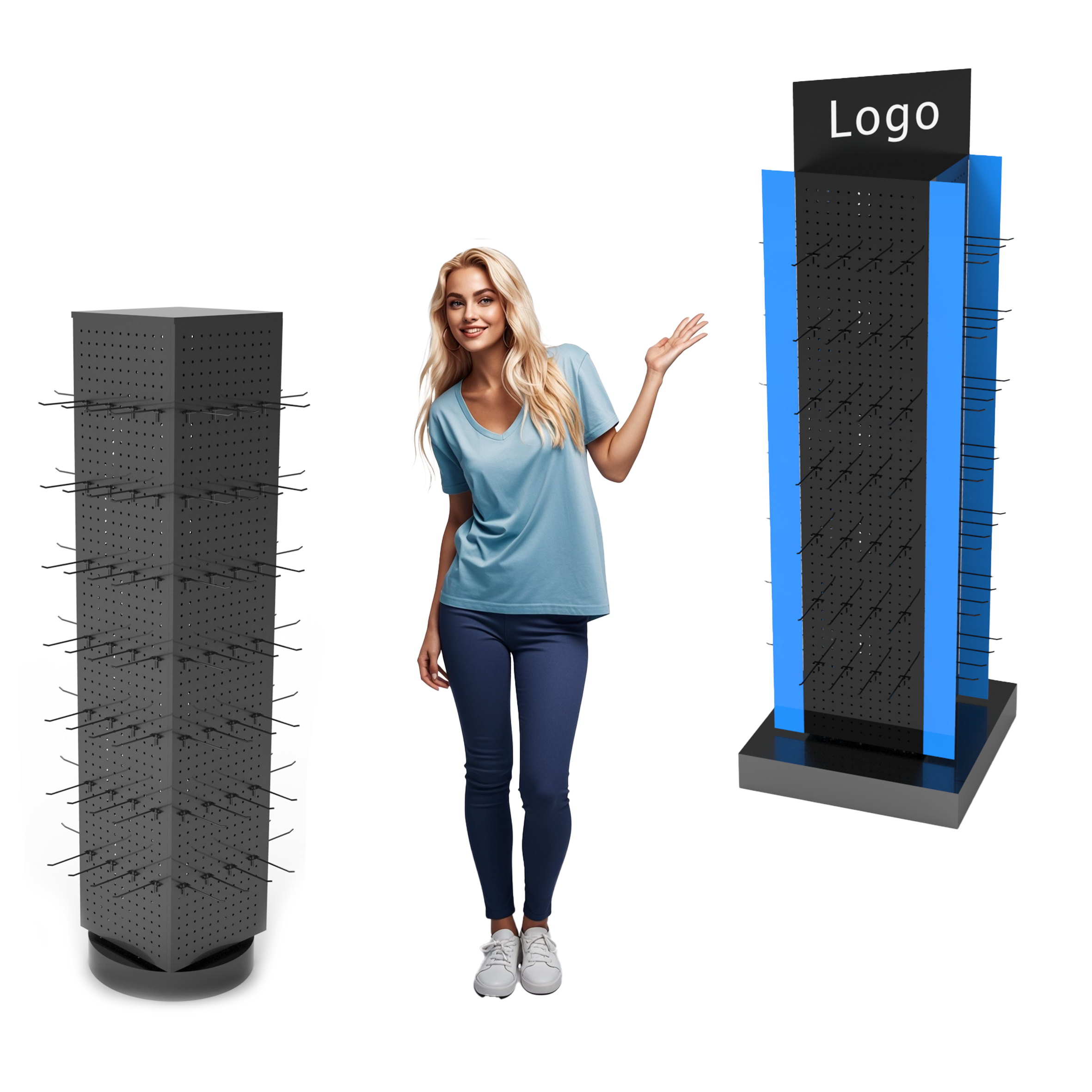 Four-Sided Floor Rotating Metal Display Stand with Customized Color and Hooks for Supermarket Advertising Jewelry Tools Racks