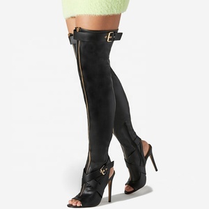 Front Zipper Women Stretchy Thigh High Boots Summer Cross Belt Buckle Long <b>Booties</b> Over Knee Peep Toe High Heel Camouflage Shoes - Product Image 2