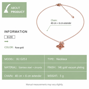 Collier pendentif fleur en acier inoxydable, zircone, couleur or rose, placage sous vide or 14 carats, chaîne réglable 40 cm - Product Image 4