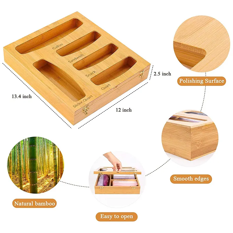 Caixa organizadora de armazenamento de alimentos, 5 em 1, bambu, cozinha, armazenamento de alimentos, ziplock, caixa de organização para gaveta
