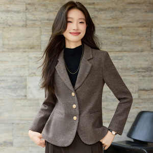 Women's Blazer Brown Gray Solid Color Woolen Fabric Single Breasted Petite Fit Autumn Winter 2025 - Product Image 4