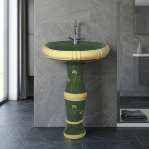 Ensemble de lavabo moderne rond en céramique sur pied, finition granit, pour salle de bain d'hôpital - Product Image 6