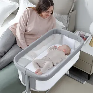 현대 경량 조절 높이 쉽게 설치 유아 침대 옆 코 침대 침대 요람 침대 회색 아기 수면 침대