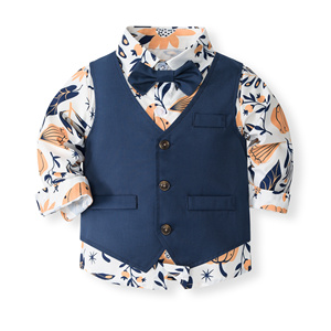 Catpapa - Conjunto de 4 Piezas para Niños, Camisa Floral, Chaleco Sólido, Corbata de Moño, Pantalones con Puños, Traje Formal para Boda - Product Image 3